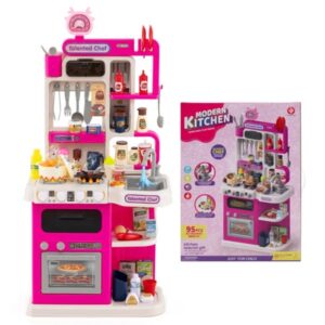 Pink Kids Corner Play Kitchen With Realistic Sounds, Lights & Steam, 95PCS Accessories Pretend Cooking Set For Ages 3+