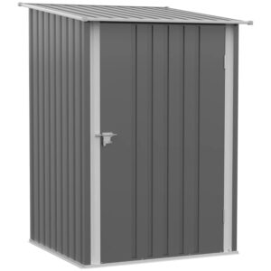 Lean-to Garden Storage Shed, Galvanized Steel Tool House With Lockable Door For Patio, Gray