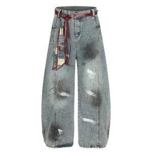 Cat whiskers splashed ink waistband deconstruction curved knife jeans