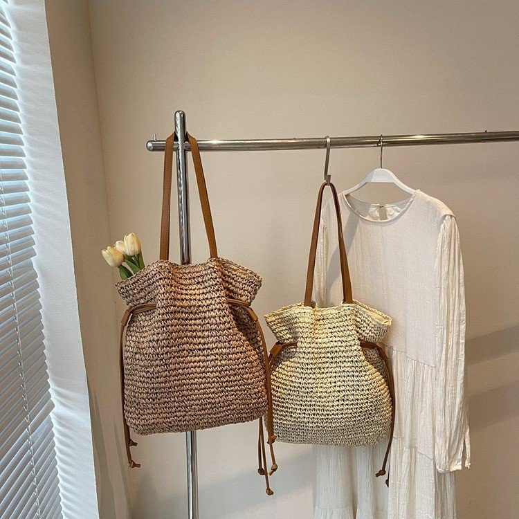 Drawstring hook woven bag single shoulder crossbody woven women's bag large capacity grass woven bag - Image 2