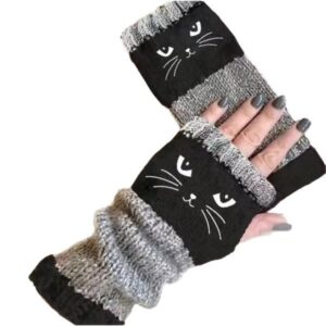 Womens Knitted Fingerless Gloves with Cute Cat