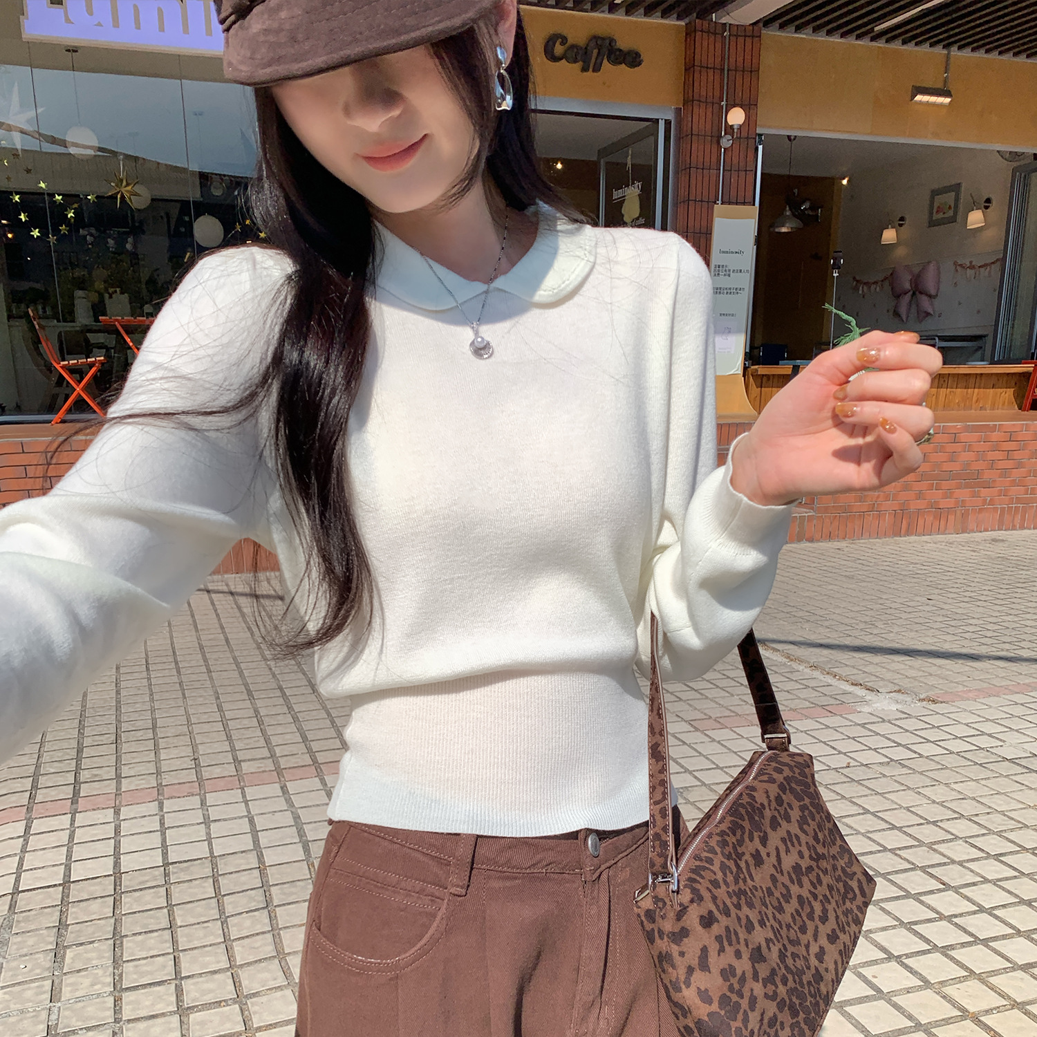 Unique White Peter Pan Collar Knit Bodysuit for Women,Waist-Cinching, Slimming Inner Layer Top - Image 5