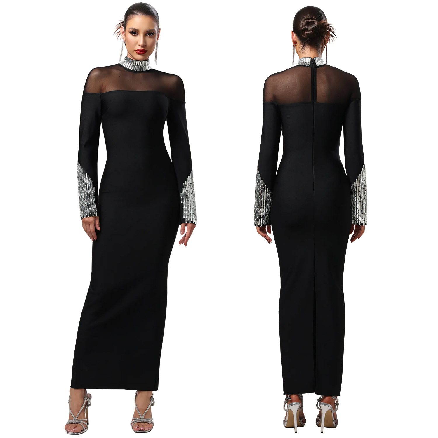 Elegant High Neck Long Sleeve Fitted Sequined Dress for Women - Image 5