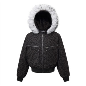 Mountain carving leopard print short hooded cotton jacket