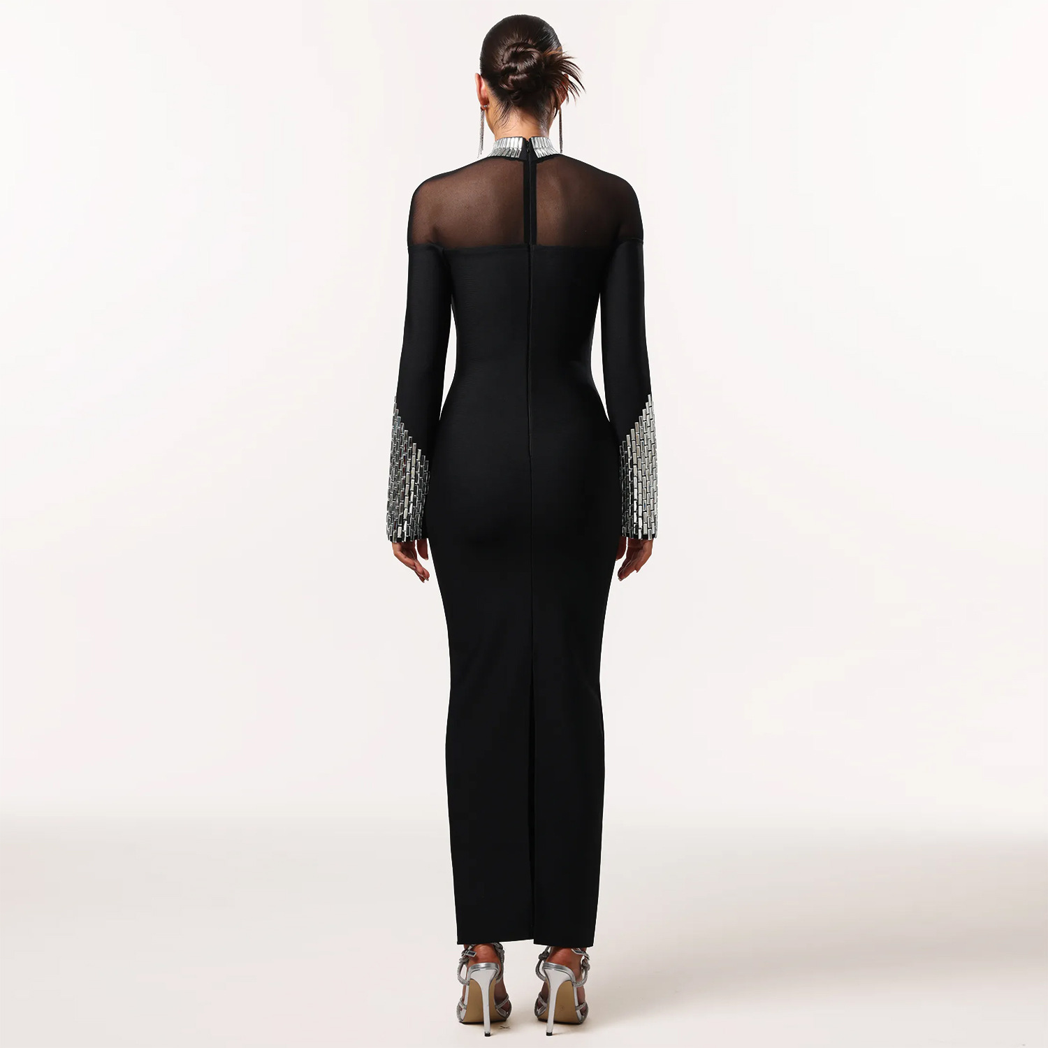 Elegant High Neck Long Sleeve Fitted Sequined Dress for Women - Image 4