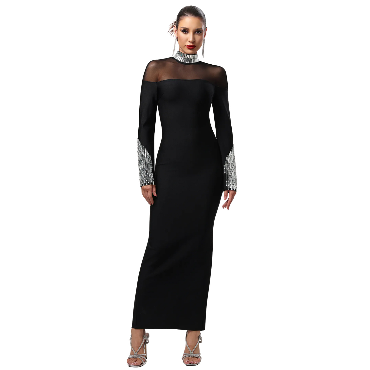 Elegant High Neck Long Sleeve Fitted Sequined Dress for Women - Image 6