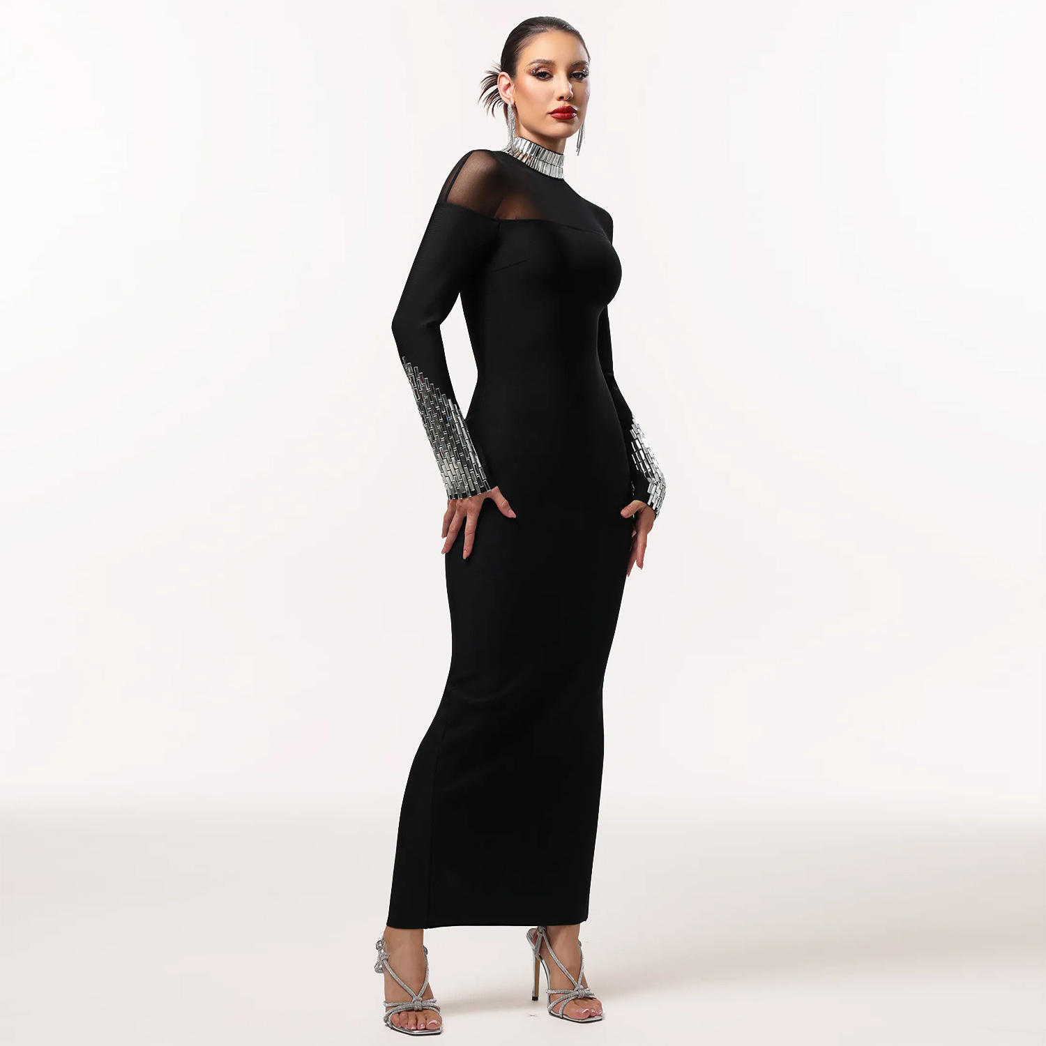 Elegant High Neck Long Sleeve Fitted Sequined Dress for Women - Image 3