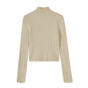 Chic Gray Cable Knit Crewneck Sweater Top for Women,  Slim Fit Short Length Underwear Shirt